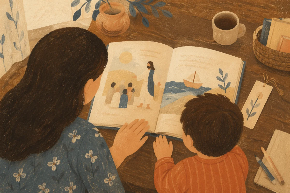 Mother and Child Reading at Warm Desk