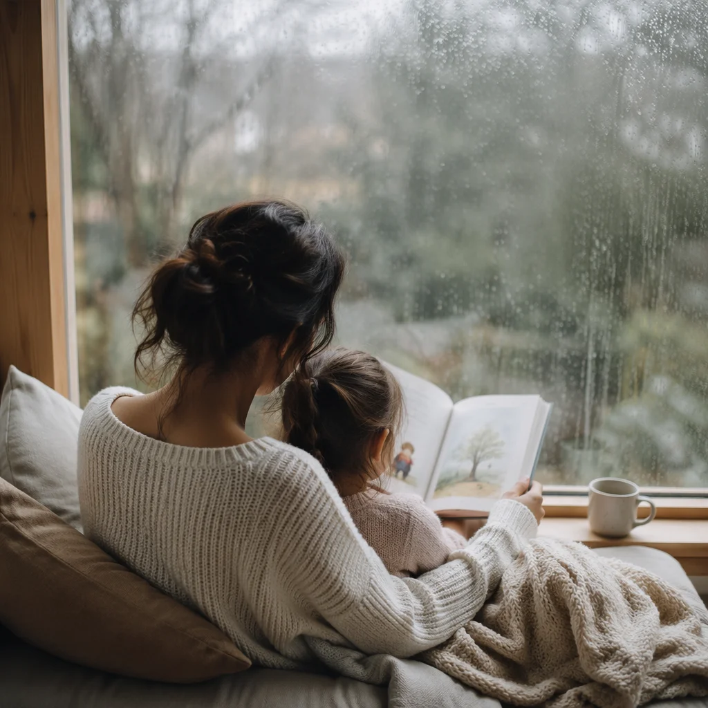 Mother and Child Reading on Rainy Window Seat