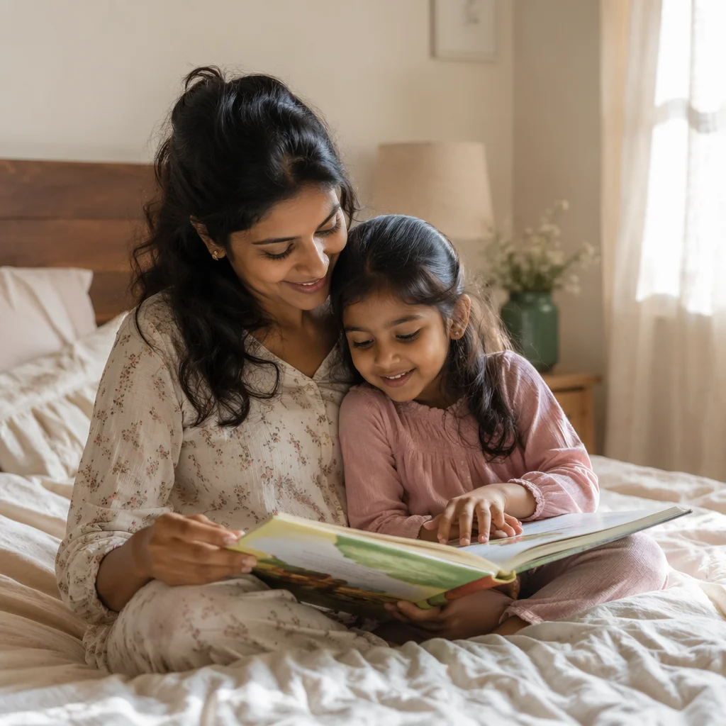 Mother and Daughter Reading on Bed
