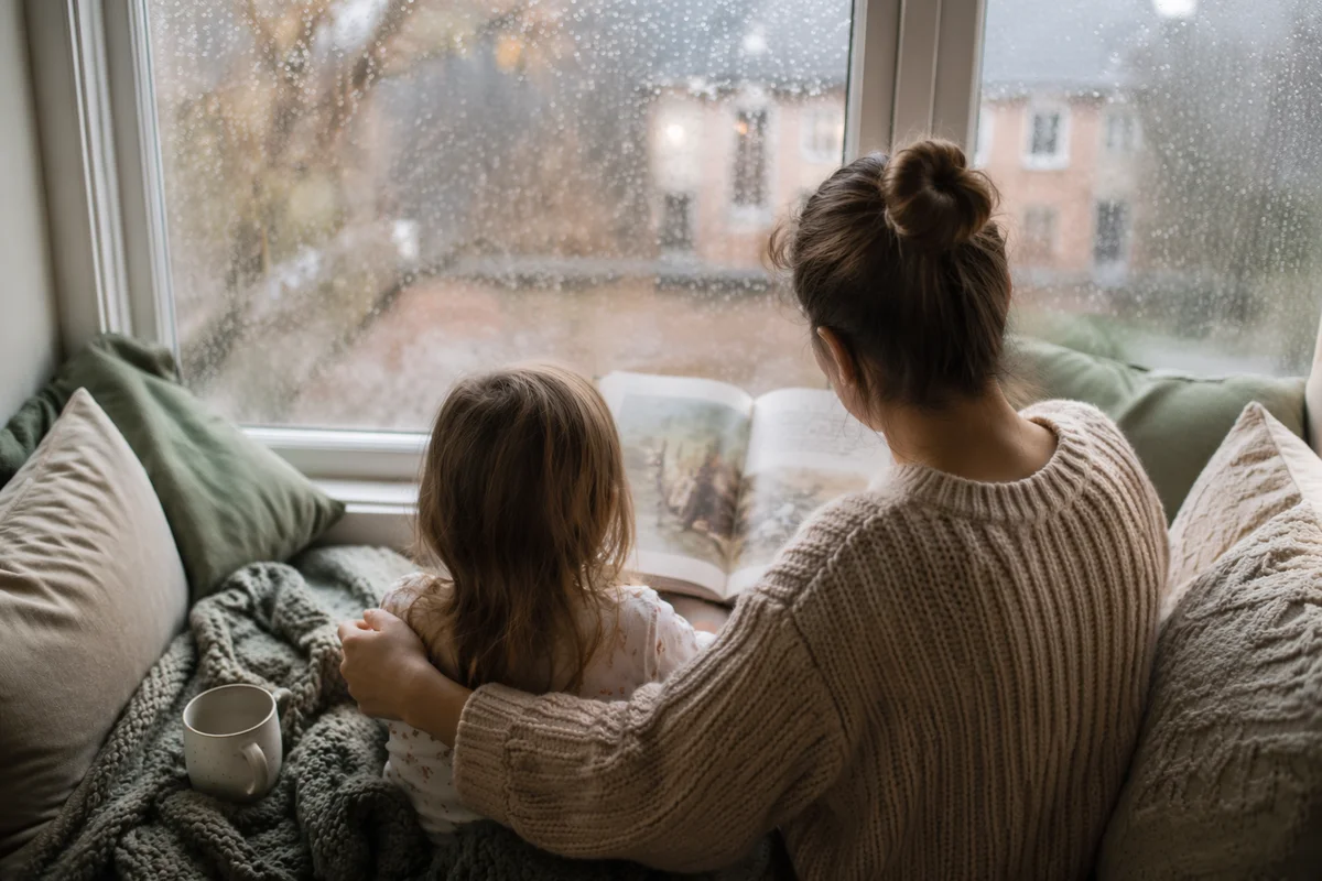 Mother and Child Reading on Rainy Window Bench