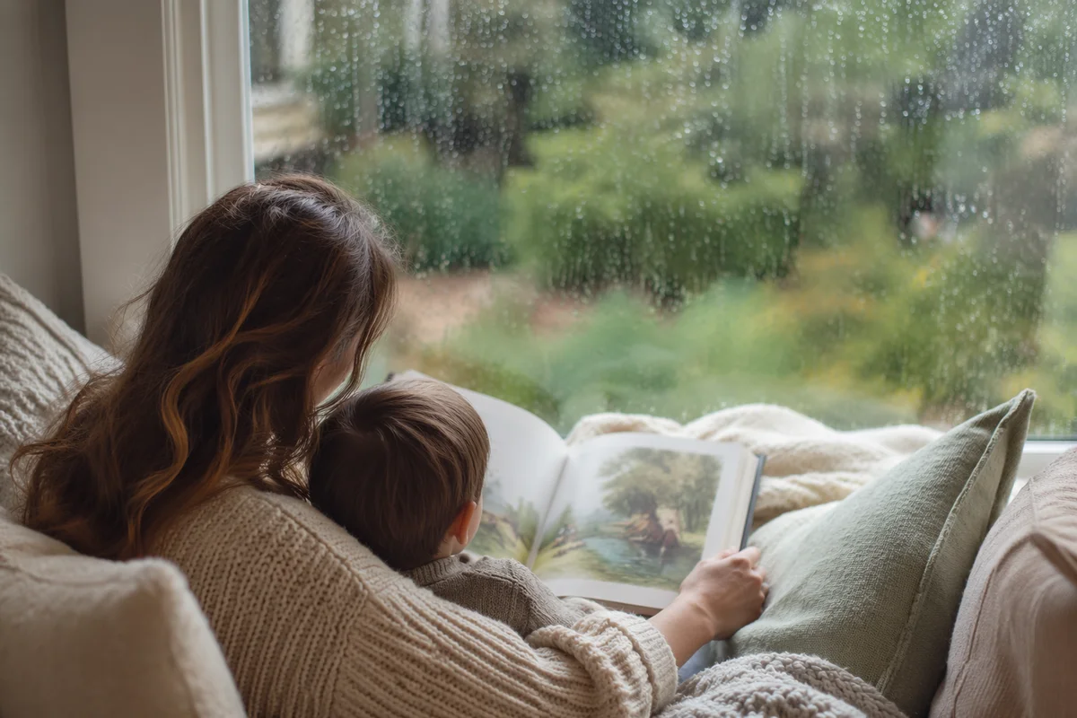 Mother and Child Reading by Rainy Window