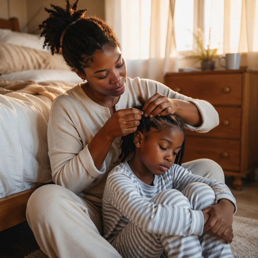 Mother Braiding Daughter Hair in Bedroom