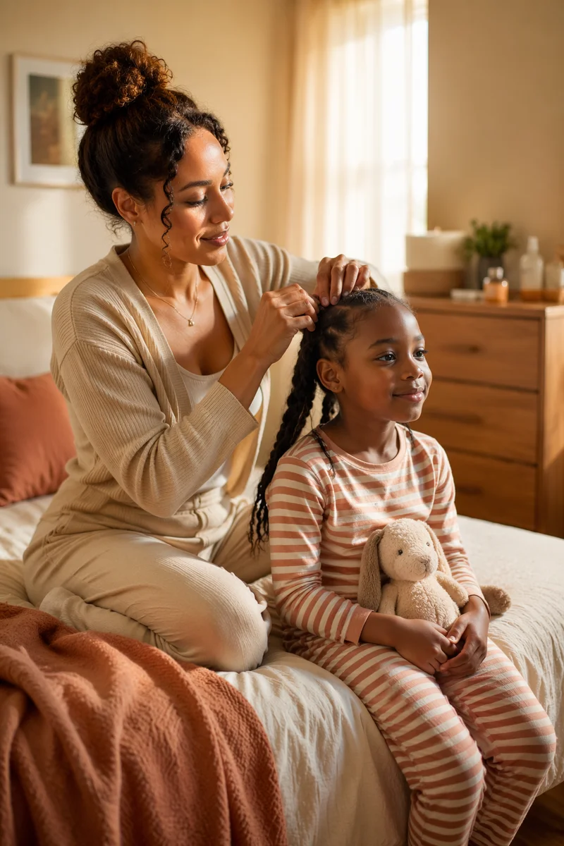 Mother Braiding Daughter Hair in Bedroom
