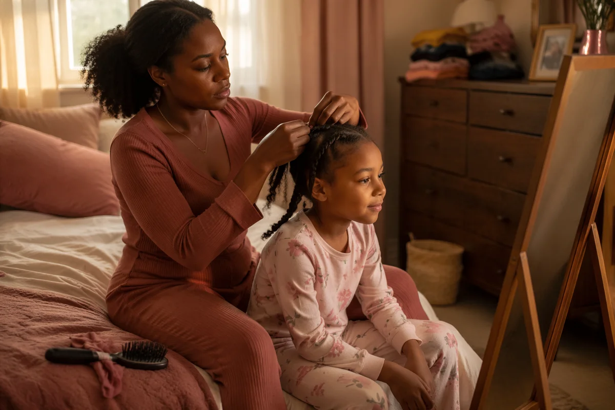 Mother Braiding Daughter Hair in Morning
