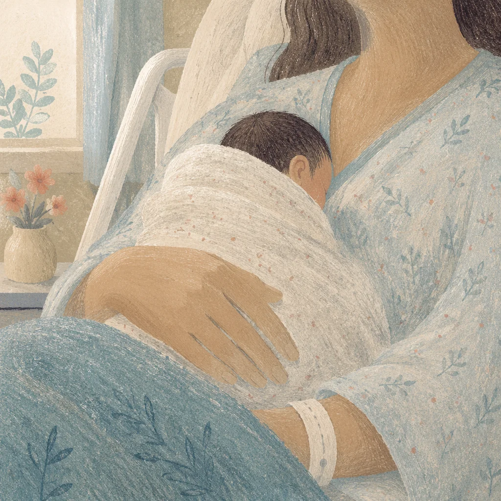 Gentle Mother Cradling Newborn in Hospital