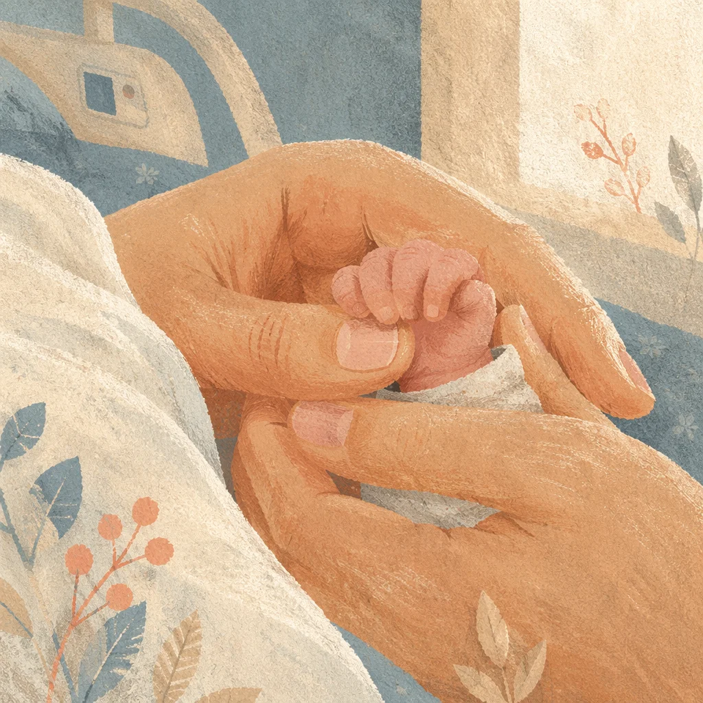 Newborn Hand Held by Mother in Hospital