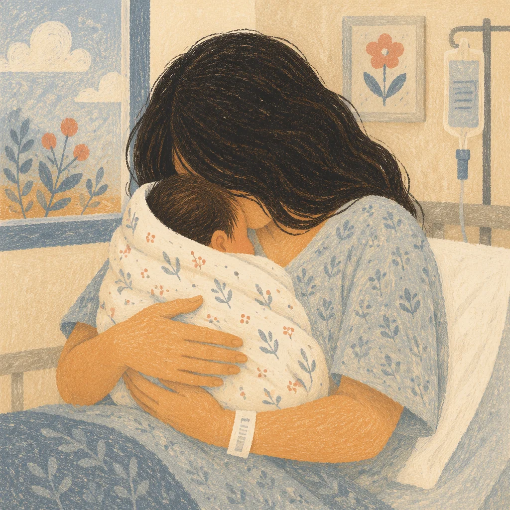 Tender Mother Cradling Newborn in Hospital