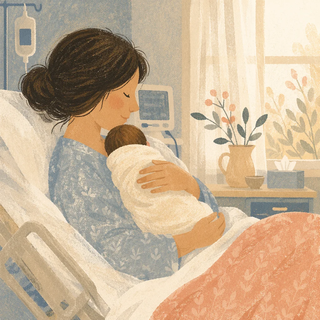 Mother Holding Newborn in Gentle Hospital Light