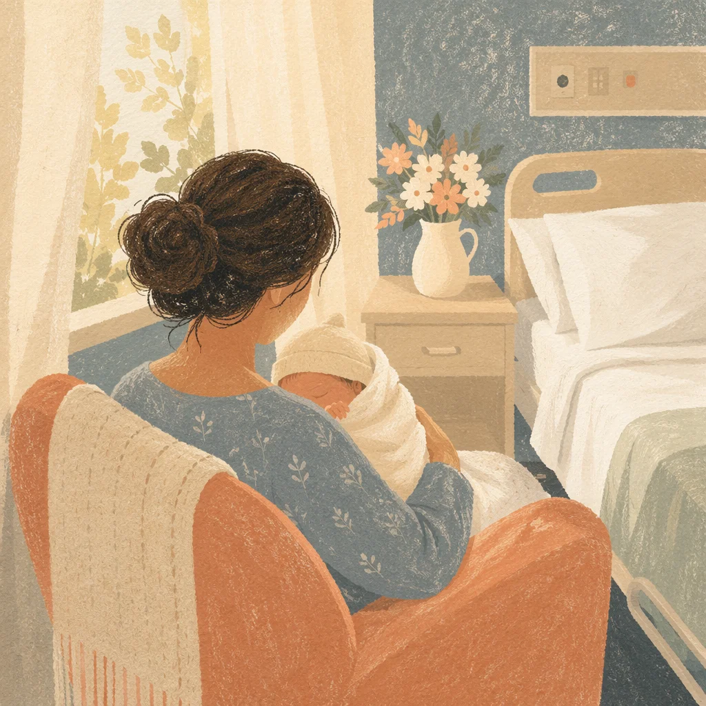 Mother Cradling Newborn in Gentle Hospital Light