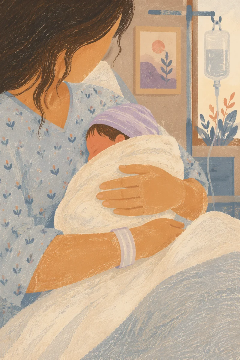 Mother Cradling Newborn in Gentle Hospital Light
