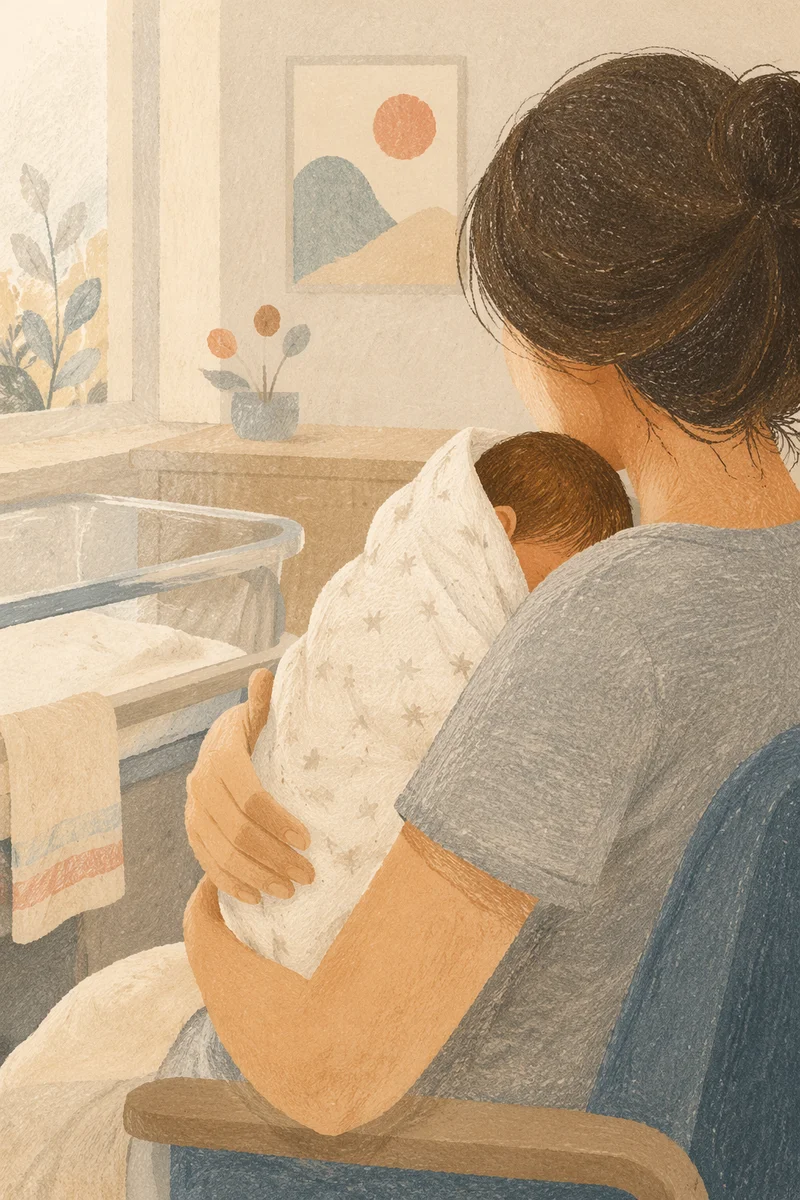 Gentle Mother Cradling Newborn in Hospital