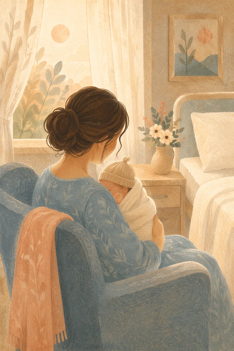 Tender Mother Cradling Newborn in Hospital Light