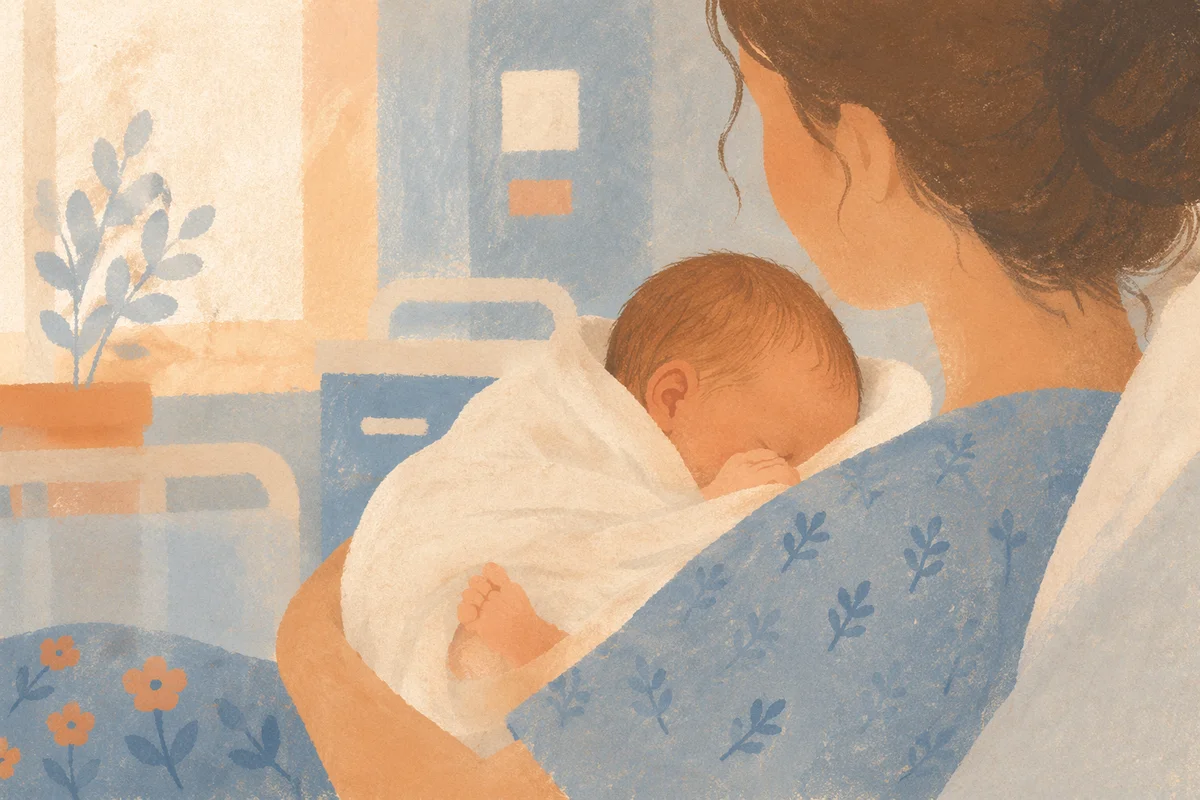 Mother Cradling Newborn in Gentle Hospital Light