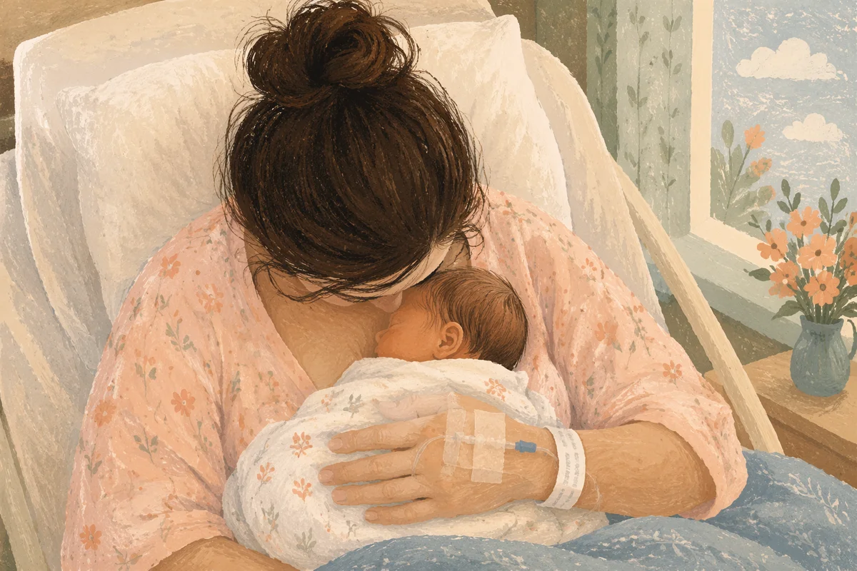 Mother Cradling Newborn in Gentle Hospital Light