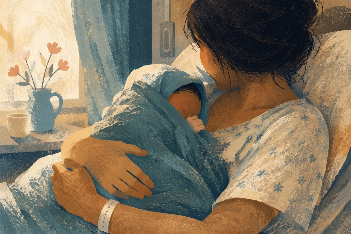 Tender Mother and Newborn Hospital Embrace