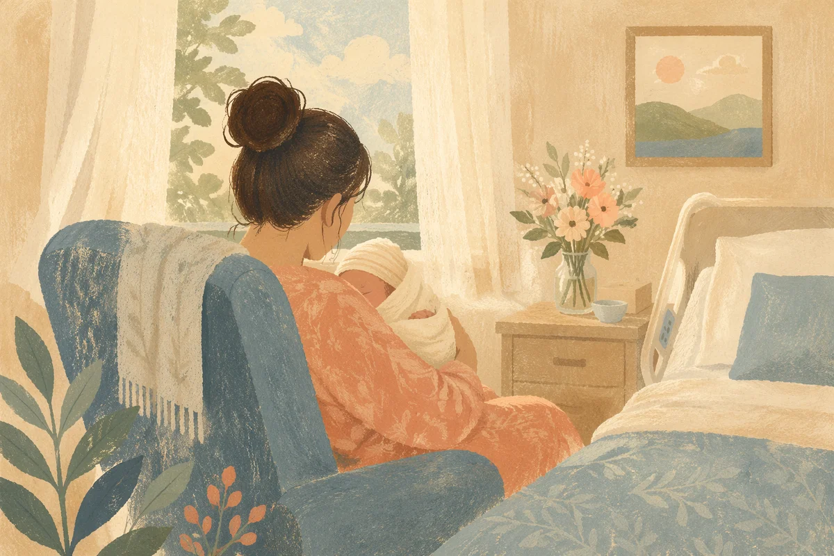 Mother Cradling Newborn in Gentle Hospital Light