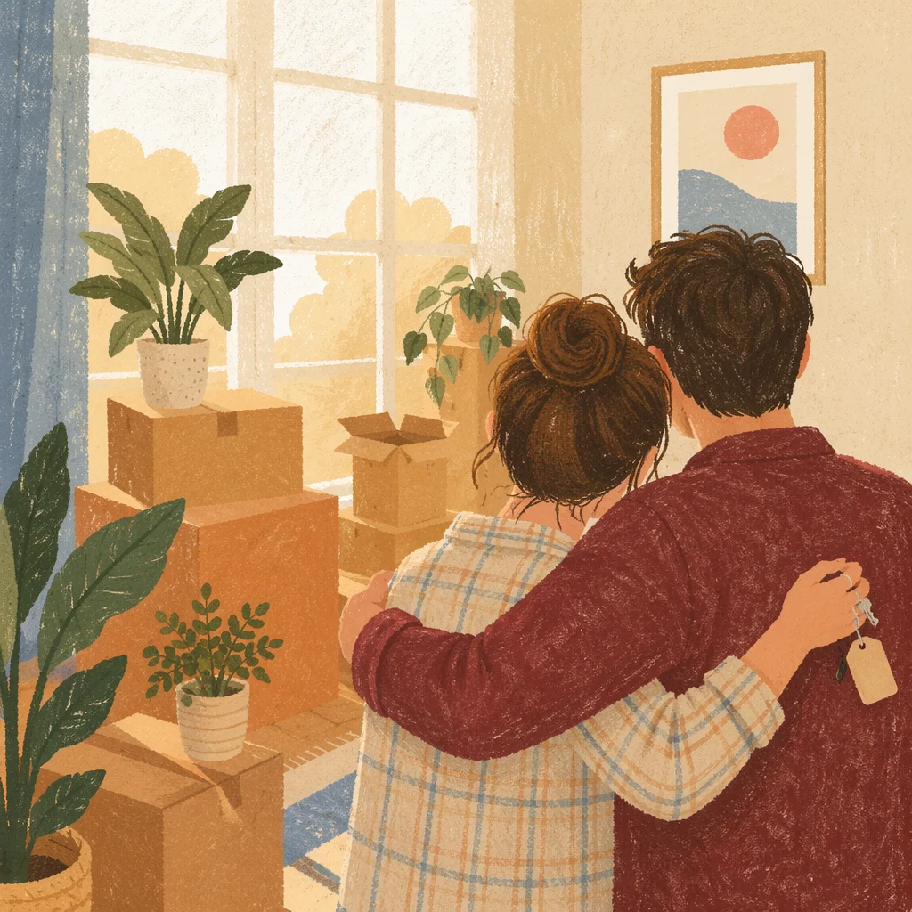 Couple Embracing in Bright New Apartment