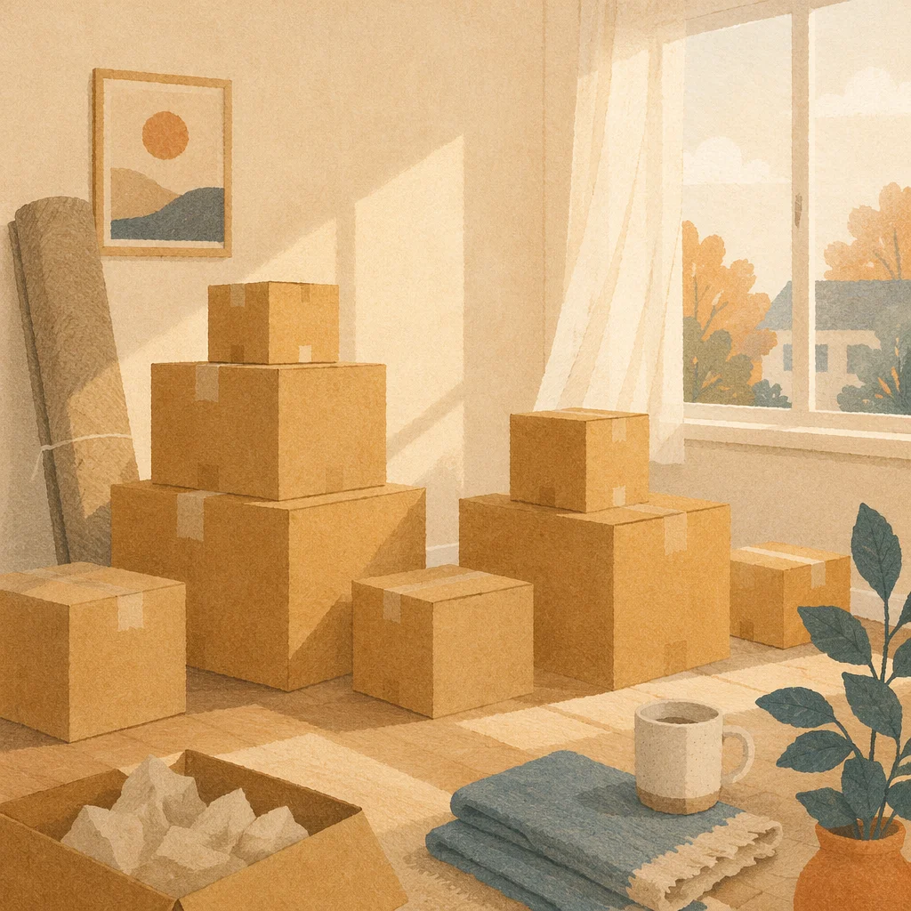 Hopeful Moving Boxes in Empty Living Room