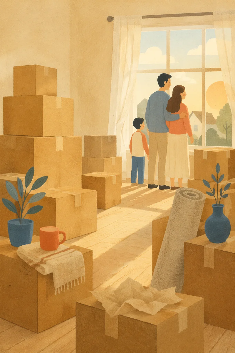 Hopeful New Home Moving Boxes Scene