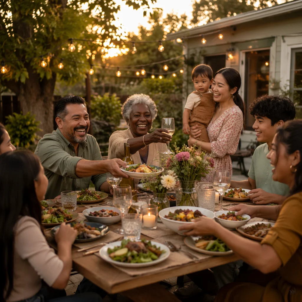 Multigenerational Family Celebration in Sunlit Backyard