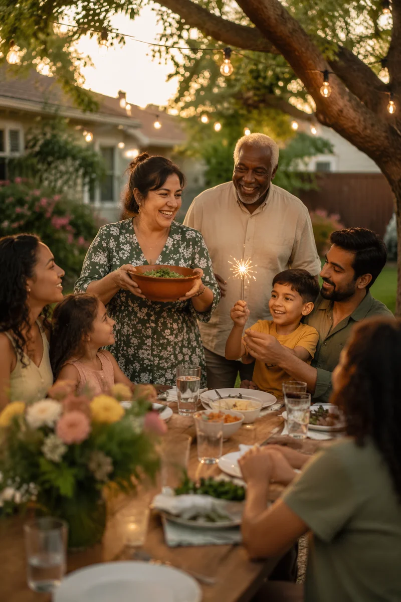 Multigenerational Family Dinner in Backyard Garden