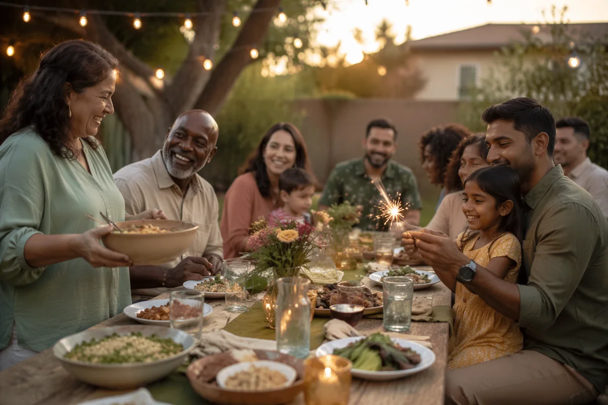 Multigenerational Family Celebration in Backyard at Sunset