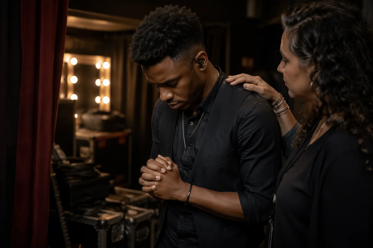 Backstage Prayer Before Live Music Performance