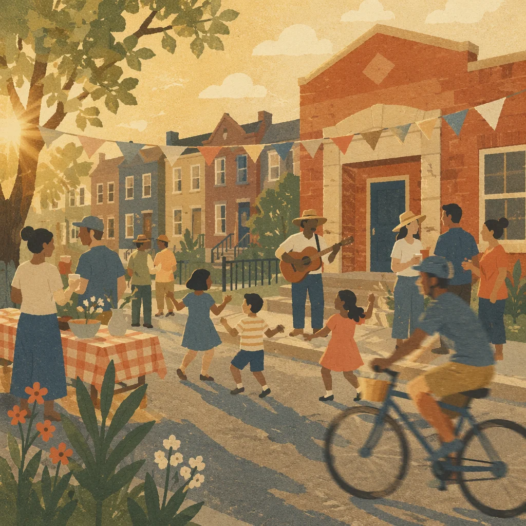 Warm Neighborhood Block Party at Sunset