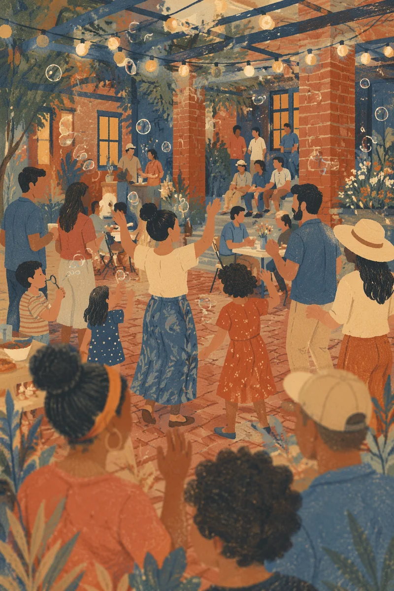 Warm Neighborhood Block Party at Dusk