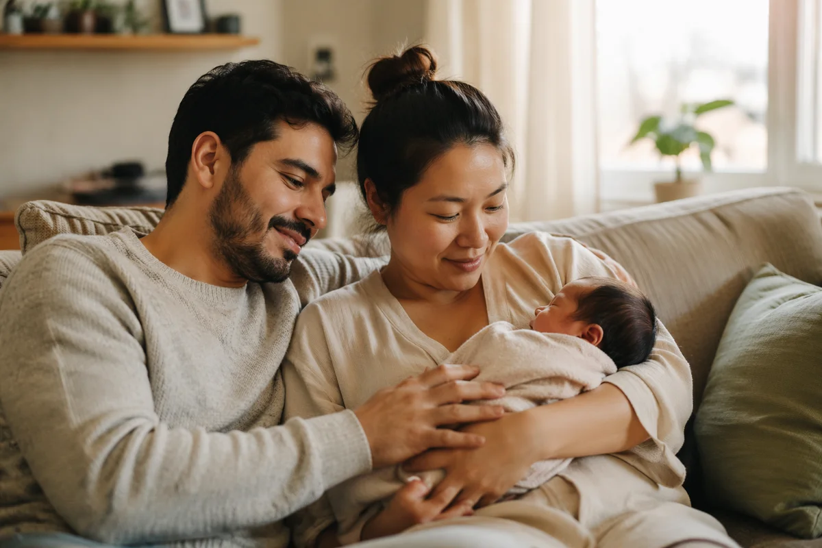 Exhausted New Parents Holding Newborn on Couch