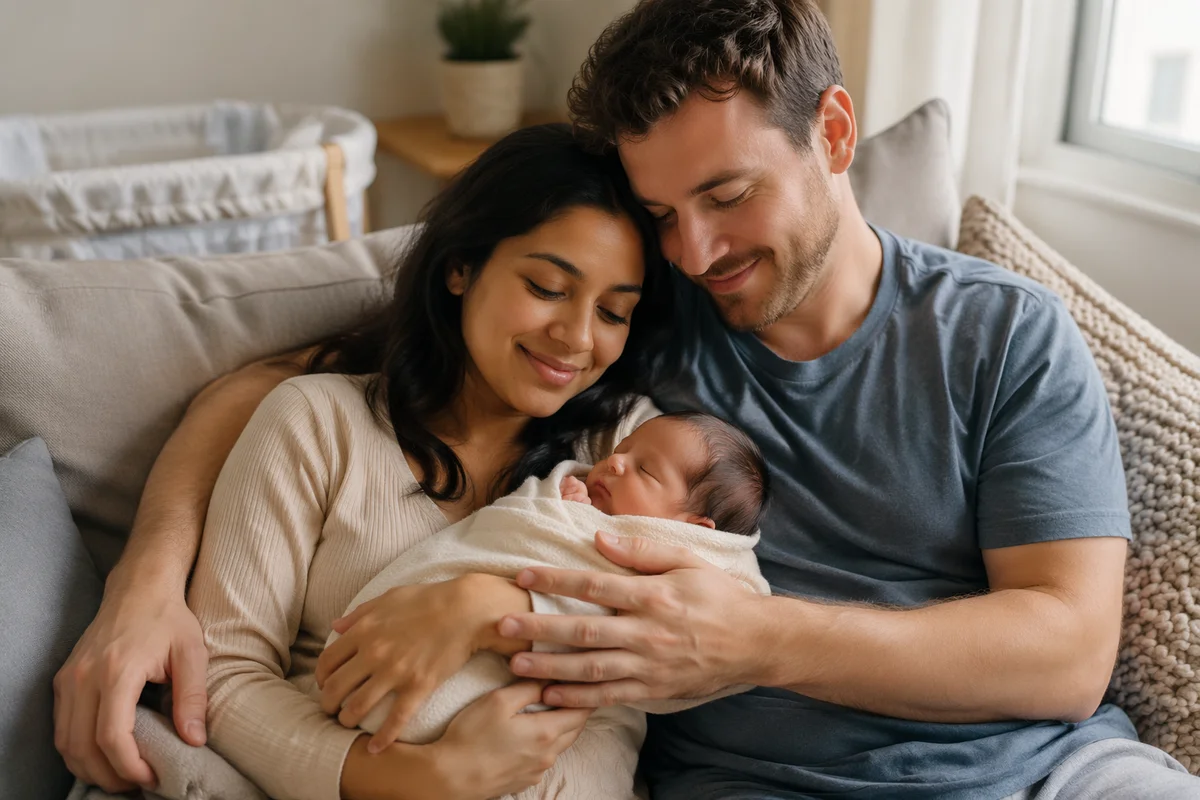 New Parents Resting with Sleeping Newborn