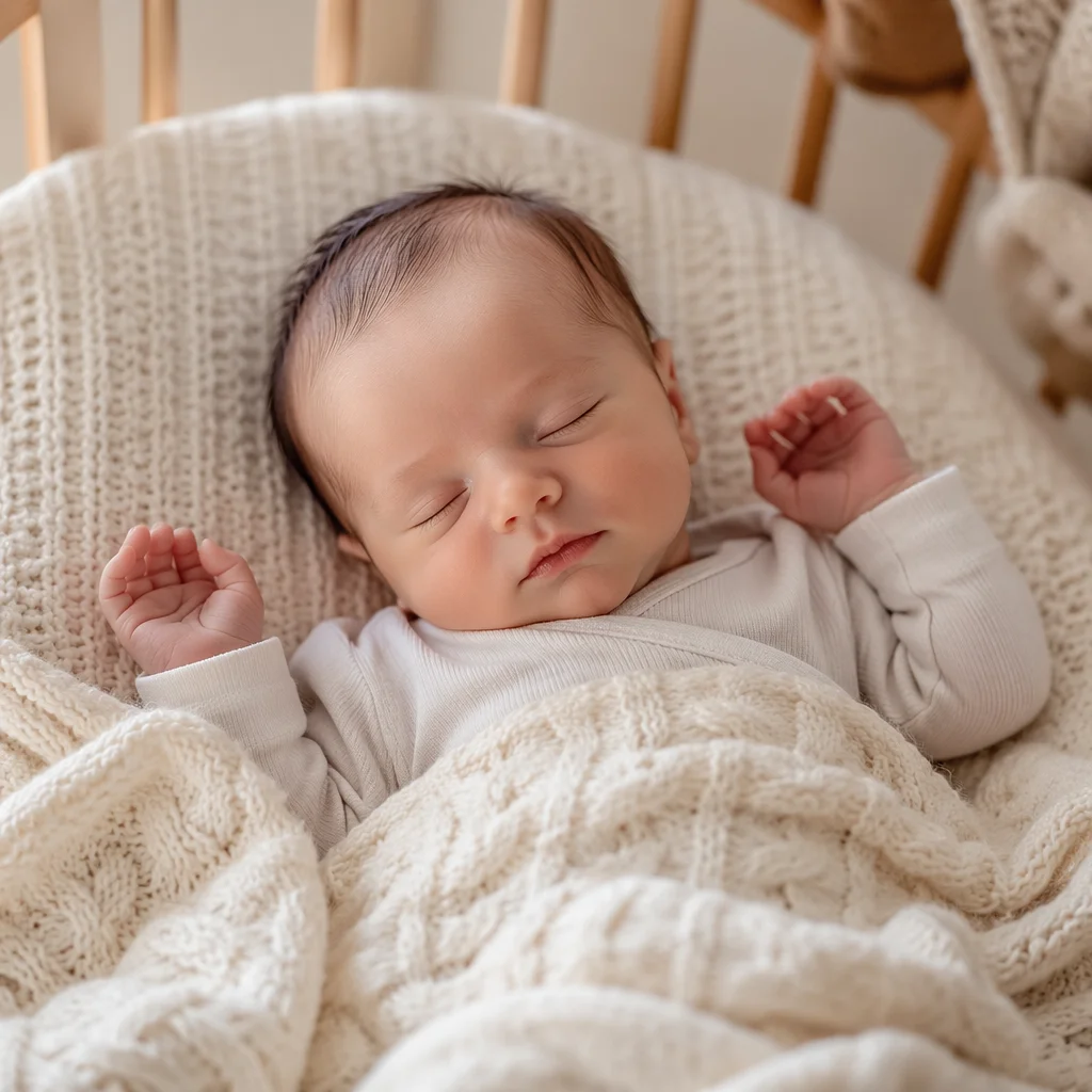 Sleeping Newborn on Knit Blanket
