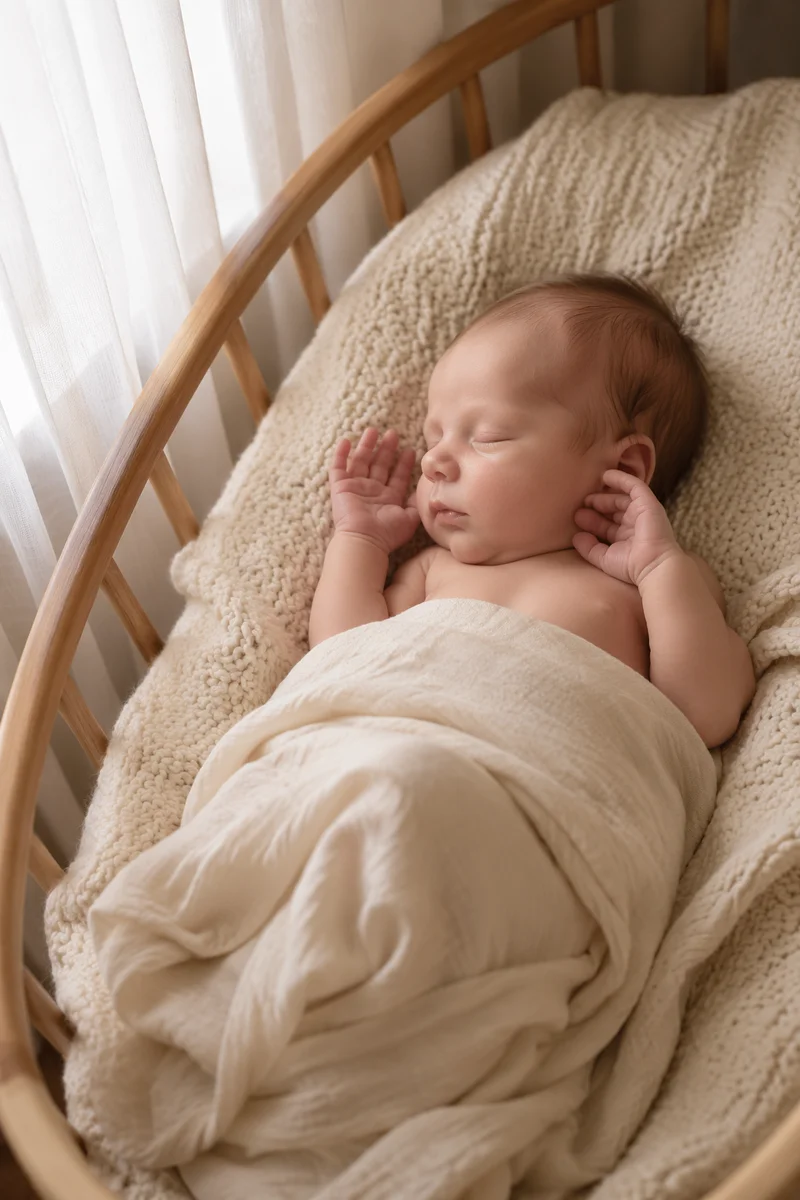 Newborn Baby Sleeping in Wooden Bassinet