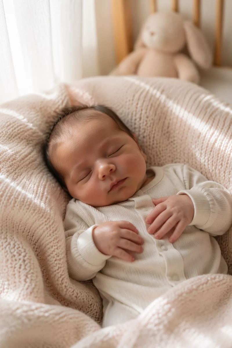 Sleeping Newborn on Soft Knitted Blanket