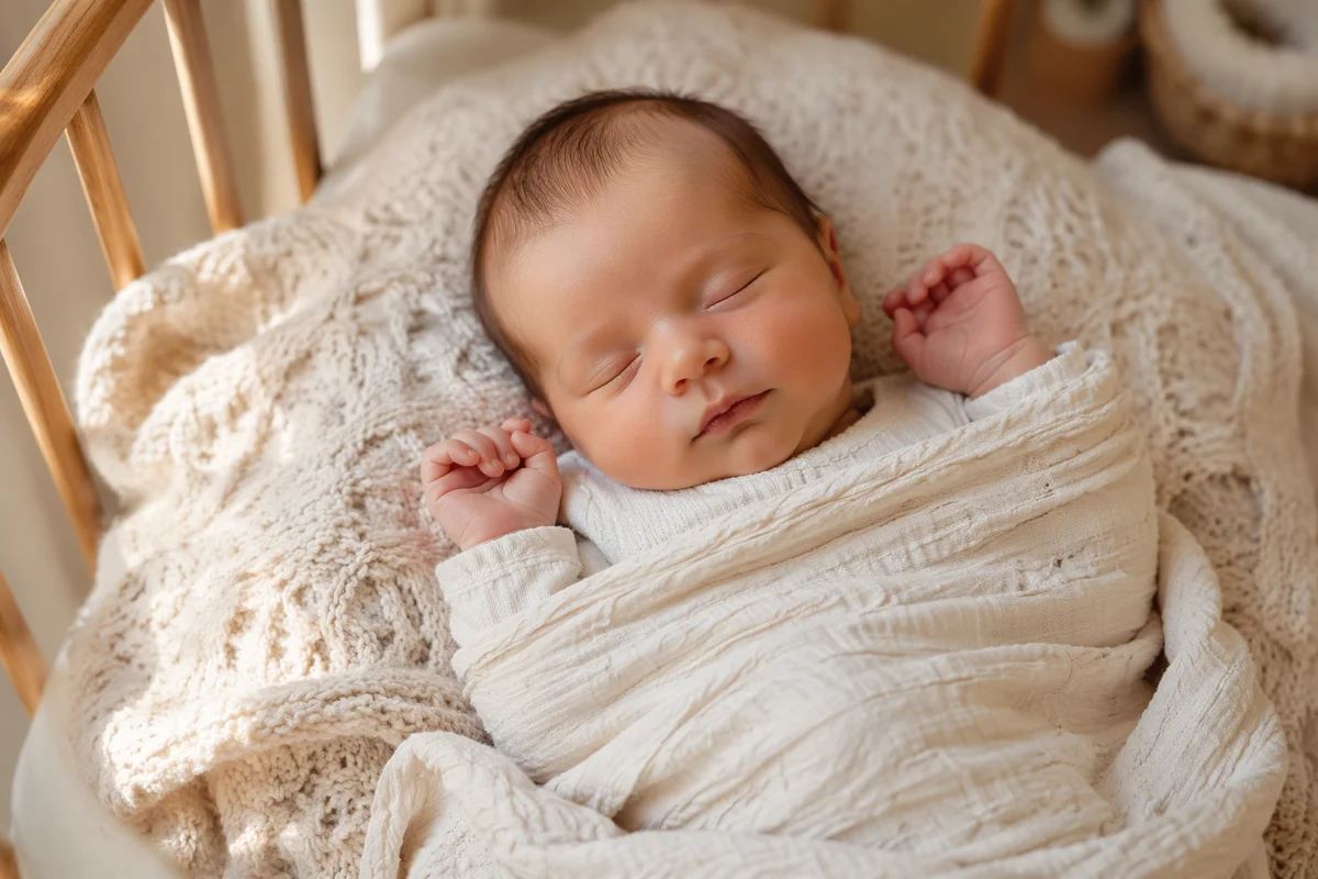 Sleeping Newborn on Knit Blanket