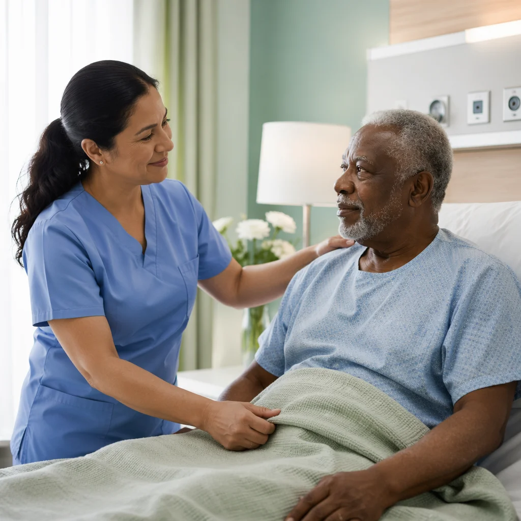 Nurse Comforting Elderly Patient in Hospital Room