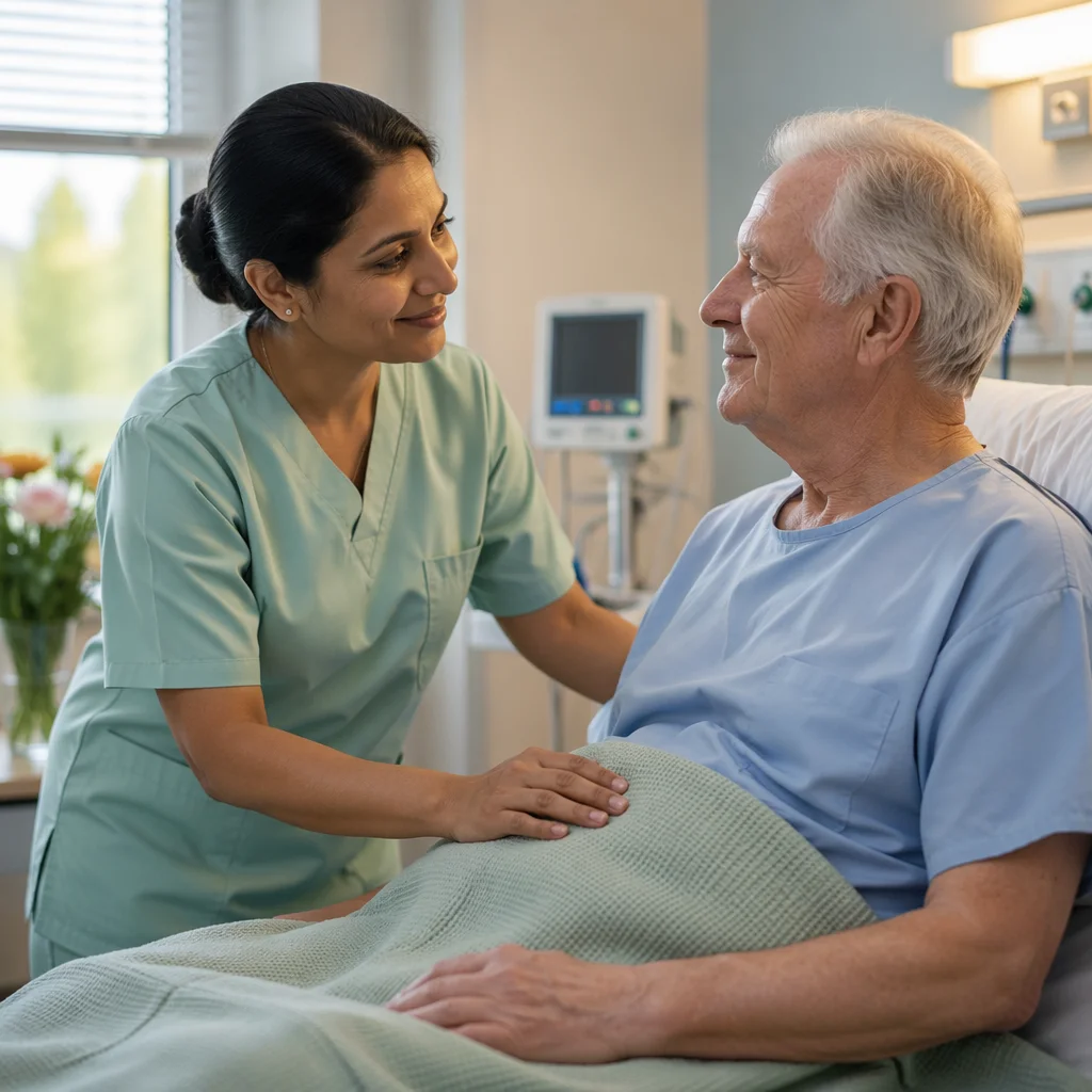 Nurse Comforting Elderly Patient in Hospital Room