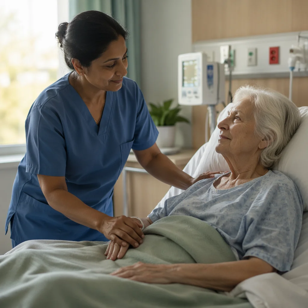 Nurse Comforting Elderly Patient in Hospital