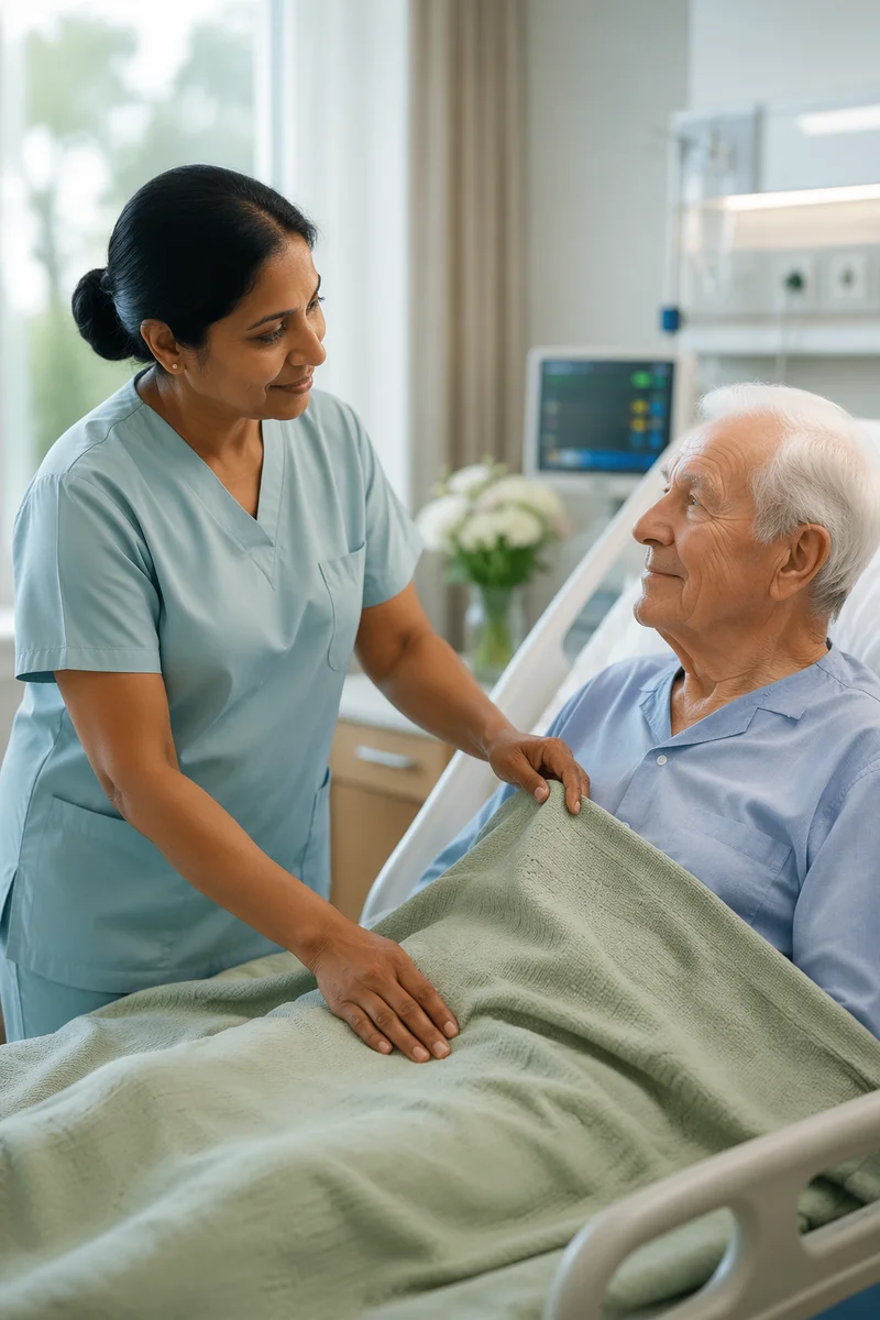 Nurse Comforting Elderly Patient in Hospital Room