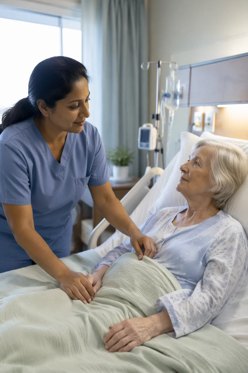 Nurse Comforting Elderly Patient in Hospital