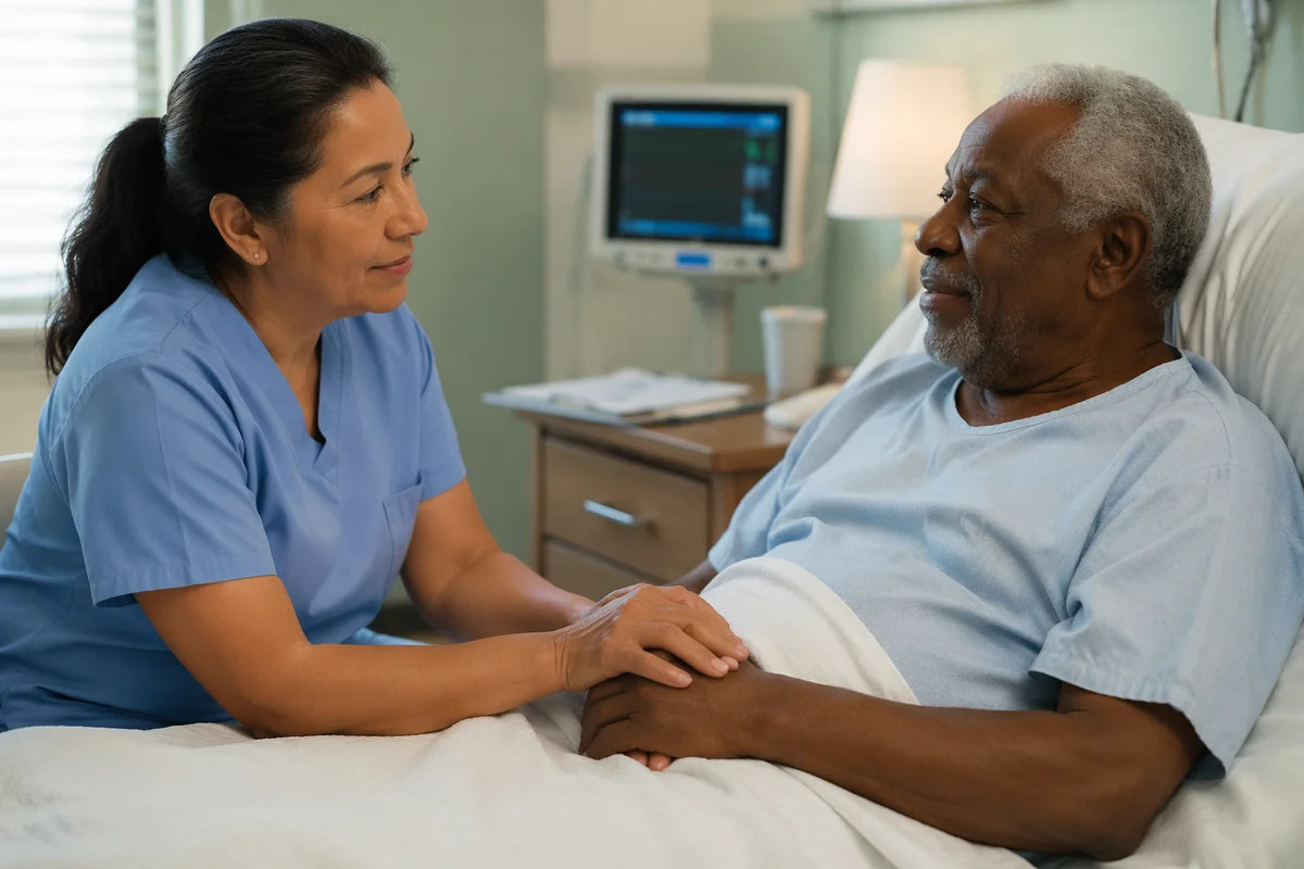 Nurse Comforting Elderly Patient in Hospital
