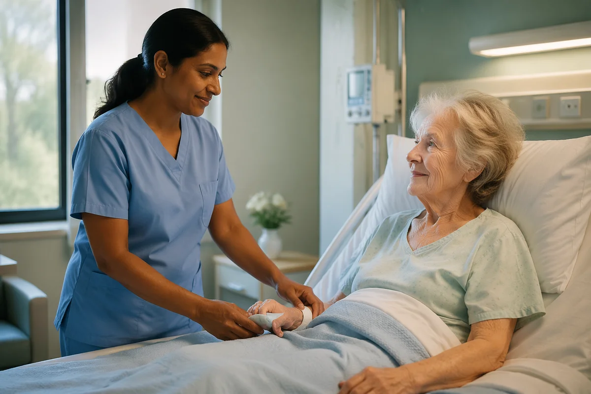 Nurse Comforting Elderly Patient in Hospital