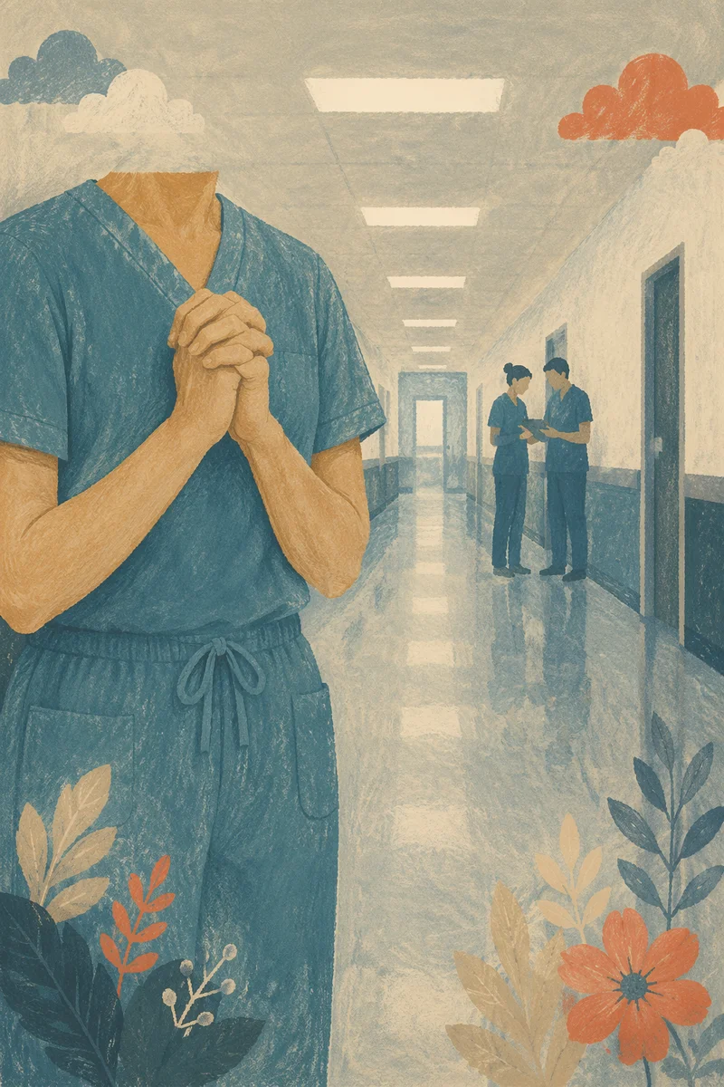 Praying Nurse in Quiet Hospital Corridor