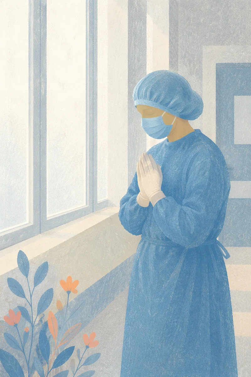 Praying Nurse in Quiet Hospital Corridor