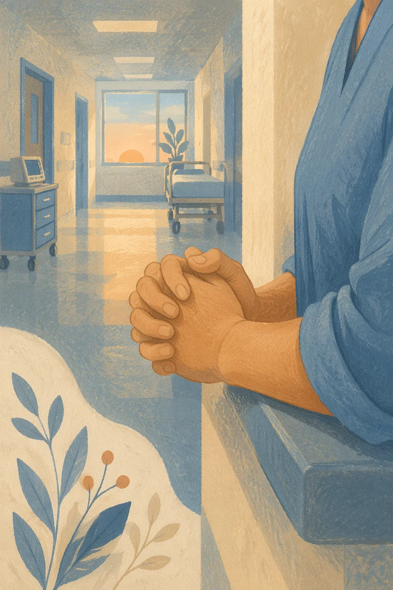 Nurse Hands Praying in Hospital Corridor