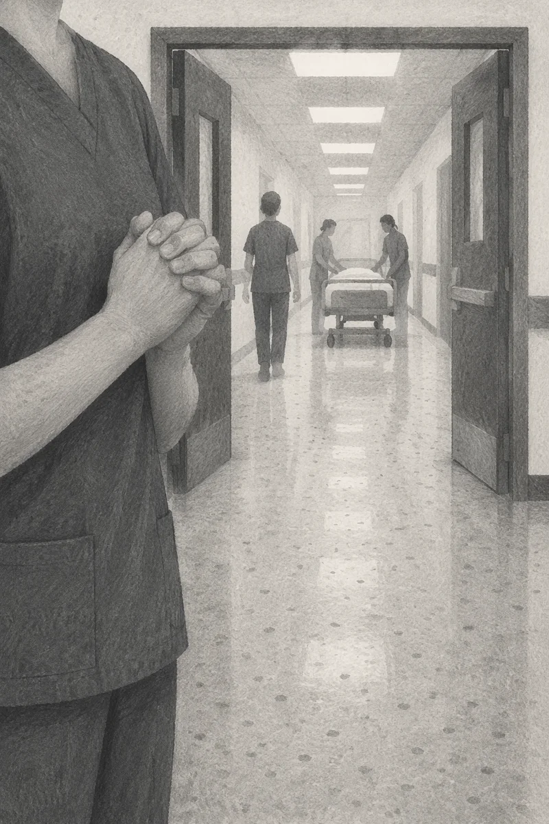 Praying Nurse Hands in Hospital Corridor