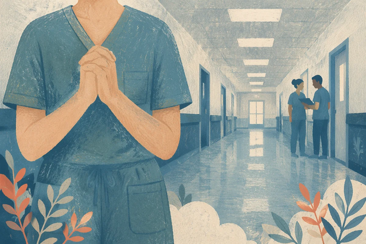 Praying Nurse in Quiet Hospital Corridor