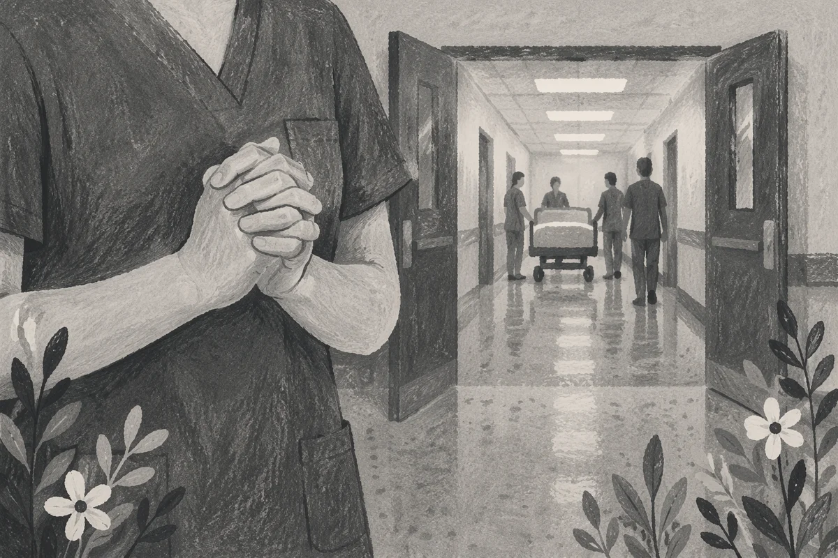 Praying Nurse Hands in Hospital Corridor