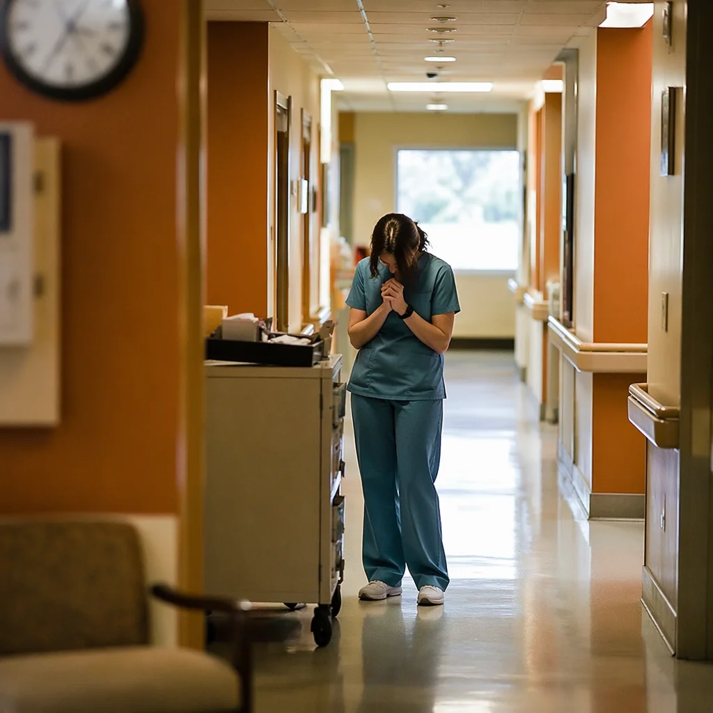 Nurse Praying in Quiet Hospital Corridor
