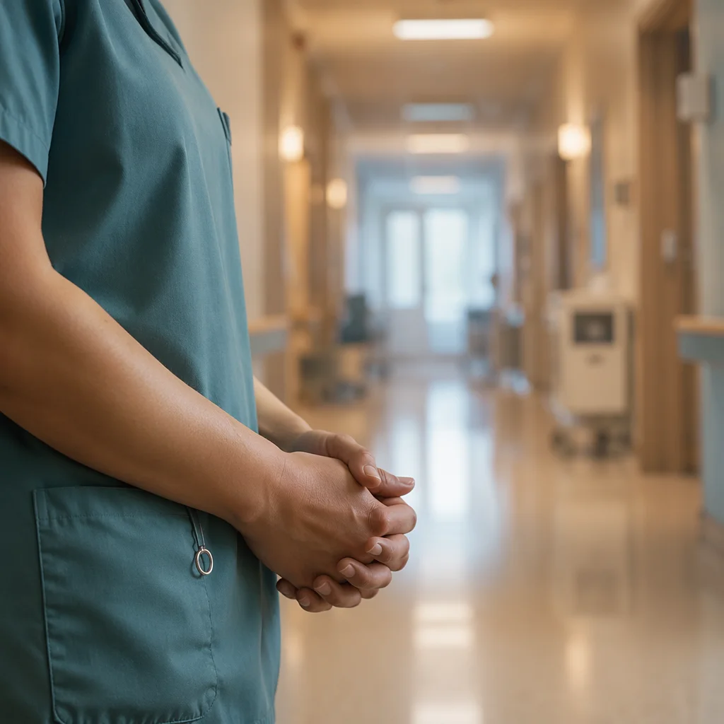 Nurse Hands in Prayer Hospital Corridor